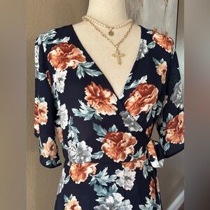Dresses | Navy Blue Floral Print Wrap Maxi Dress | Poshmark